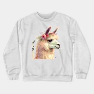 Llama Flower Crown Watercolor Painting Alpaca Graphic Art White Background Crewneck Sweatshirt